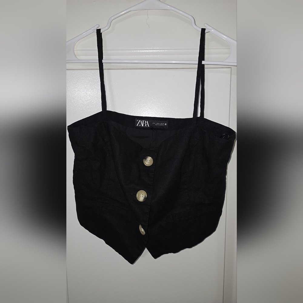 Zara Button Front Crop Top Black Fitted Minimal Chic - Picture 3 of 4
